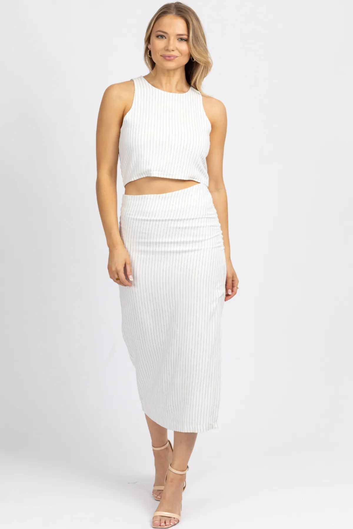 WHITE LINEN PINSTRIPE MIDI SKIRT SET