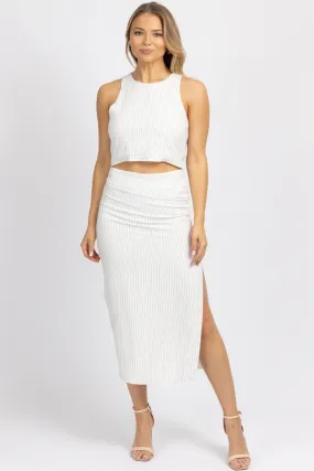WHITE LINEN PINSTRIPE MIDI SKIRT SET