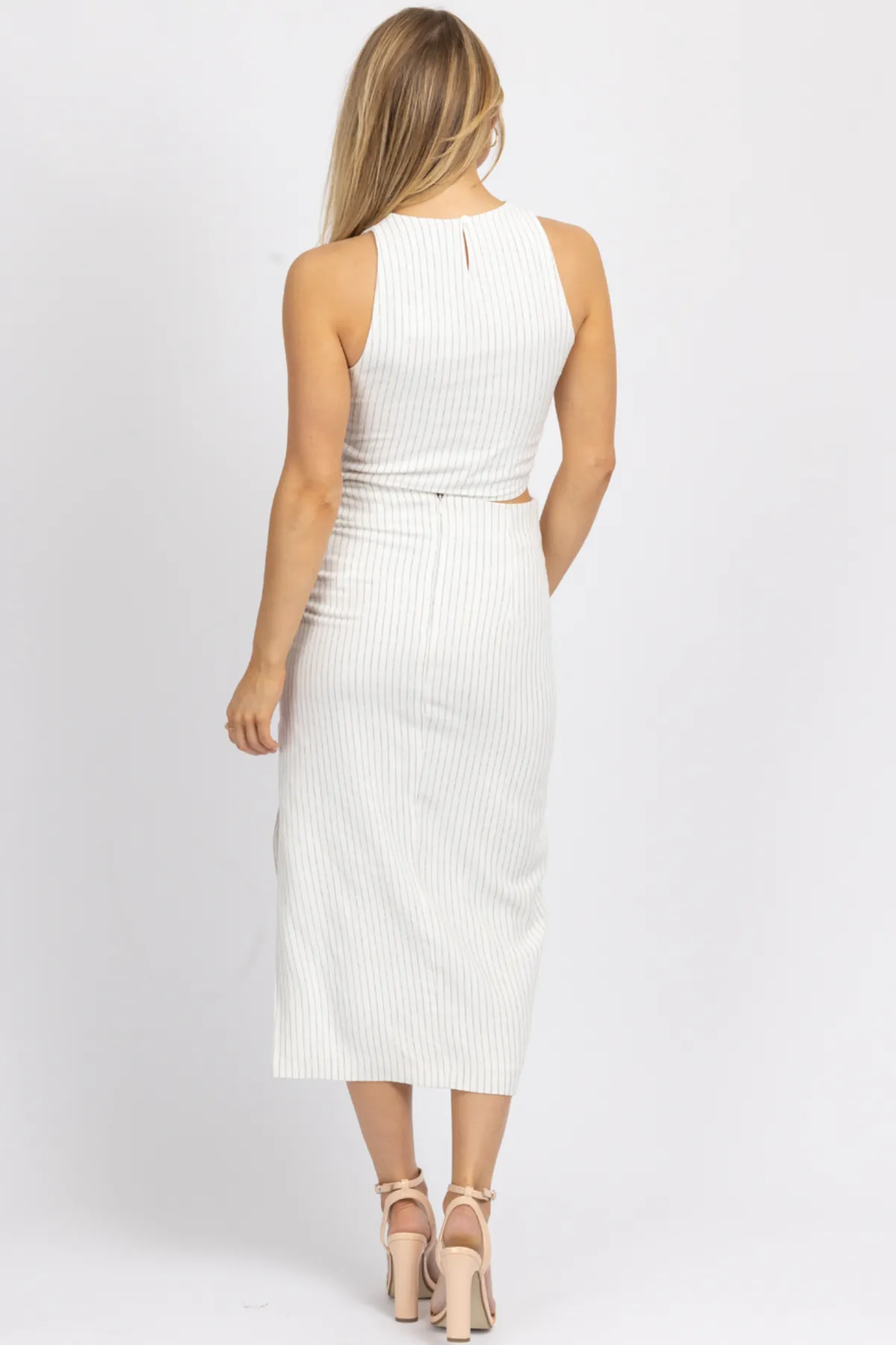 WHITE LINEN PINSTRIPE MIDI SKIRT SET