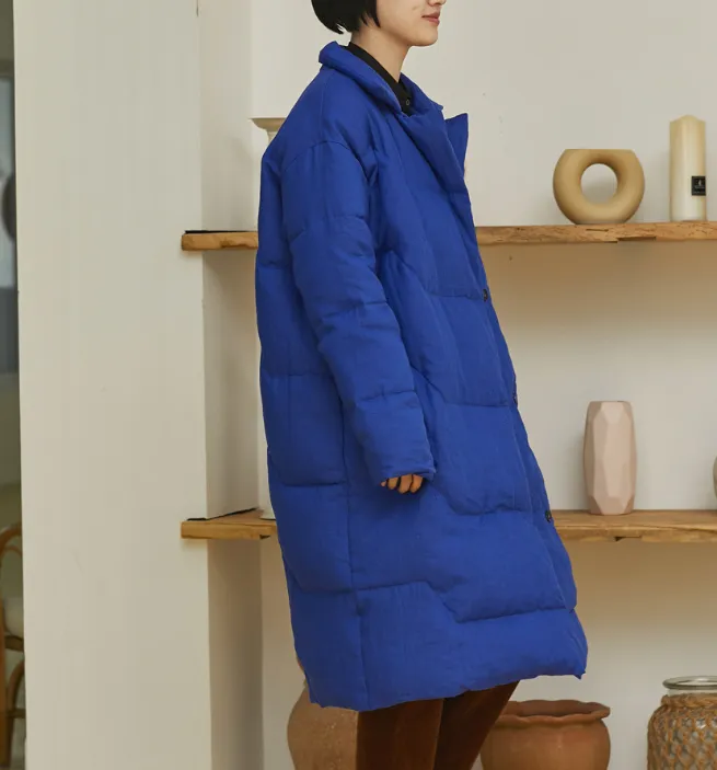 Winter Long Loose  Side Pockets Turn Down Collar Down Jacket Women Down Coats