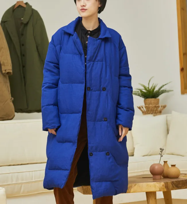Winter Long Loose  Side Pockets Turn Down Collar Down Jacket Women Down Coats