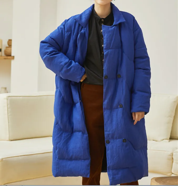 Winter Long Loose  Side Pockets Turn Down Collar Down Jacket Women Down Coats