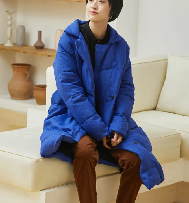 Winter Long Loose  Side Pockets Turn Down Collar Down Jacket Women Down Coats