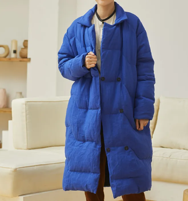 Winter Long Loose  Side Pockets Turn Down Collar Down Jacket Women Down Coats