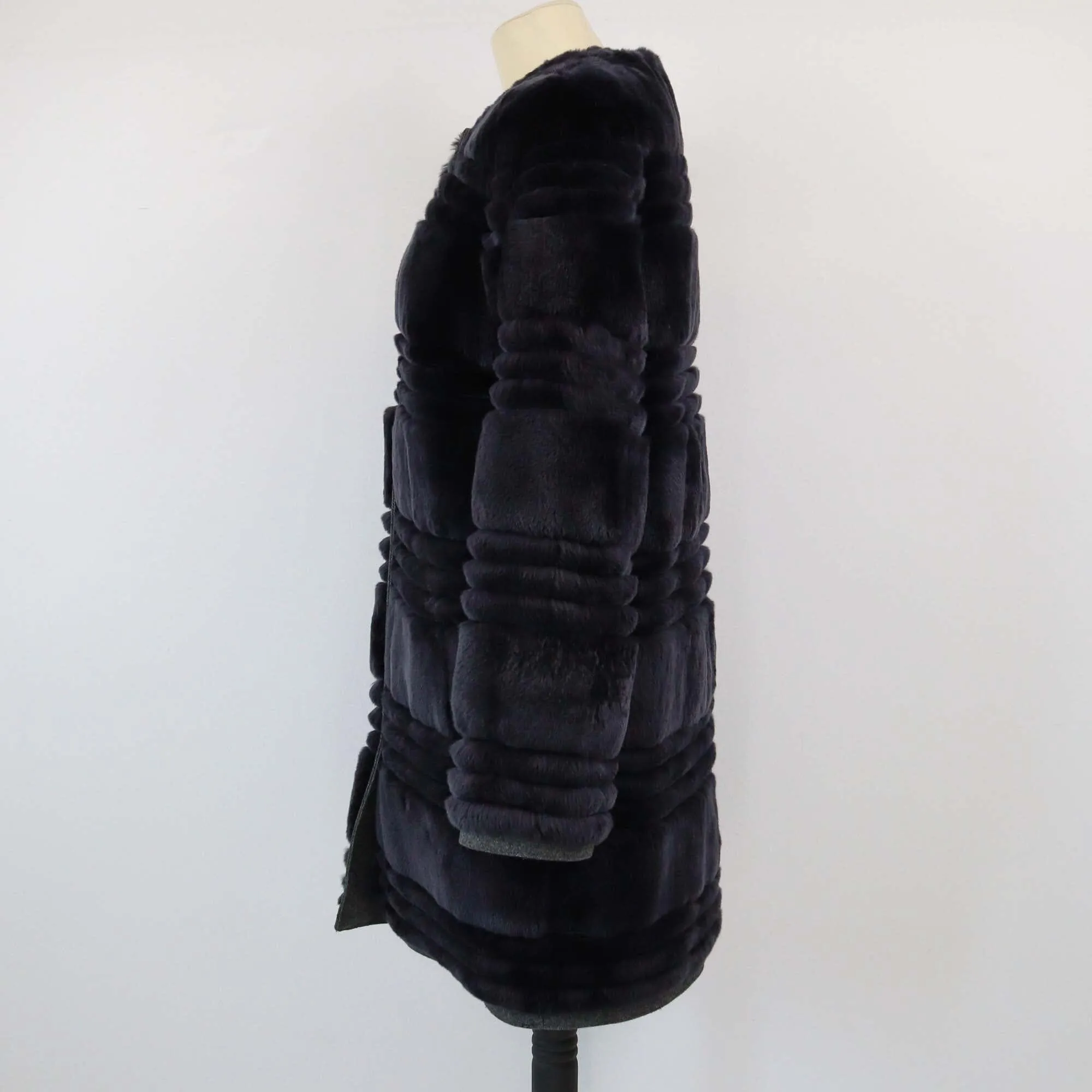 Yves Salomon Dark Blue Rex Rabbit Fur Long Coat