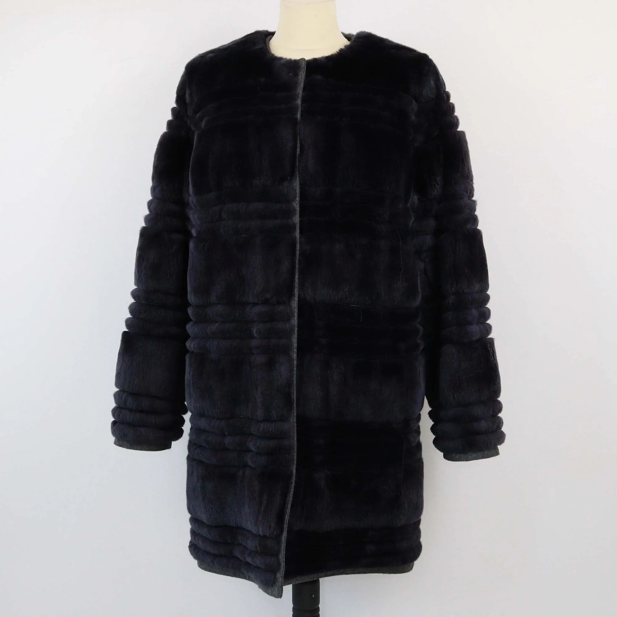 Yves Salomon Dark Blue Rex Rabbit Fur Long Coat
